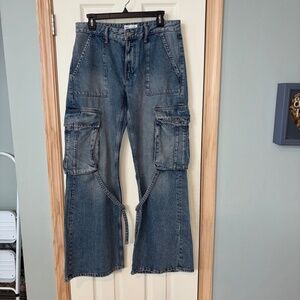 Zara MID-RISE CARGO JEANS Wide Leg Blue Size 8 28x31